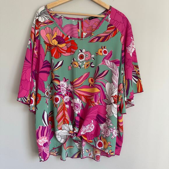 Cha Cha Vente Top Size 2X Floral Dolman Sleeve Tropical Artsy Vacation Flowy - Picture 1 of 10